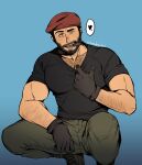  1boy absurdres arm_hair bara beard black_shirt chest_hair cigar clothes_pull facial_hair feet_out_of_frame green_pants hairy hat heart highres holmy_(holmesdmode) large_pectorals looking_at_viewer maestro_(rainbow_six_siege) male_cleavage male_focus mature_male military_hat muscular muscular_male pants pectorals rainbow_six_siege raised_eyebrow shirt shirt_pull short_hair smoking solo spoken_heart squatting tight tight_shirt 