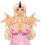  1girl :d blonde_hair blush breasts cleavage collarbone commission covered_nipples fang horns huge_breasts long_hair monster_girl monster_musume_no_iru_nichijou moon_mirage nipples oni_horns open_mouth outstretched_arms pointy_ears red_eyes see-through sidelocks simple_background single_horn smile solo tionishia upper_body white_background 