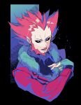  1boy alternate_color aqua_eyes black_sclera colored_sclera commentary_request fingerless_gloves fur-trimmed_jacket fur_trim gloves highres jacket kusuribe long_sleeves looking_to_the_side lysandre_(pokemon) male_focus open_mouth pink_hair pokemon pokemon_(game) pokemon_masters_ex purple_jacket sharp_teeth shiny shiny_hair solo spiked_hair team_flare teeth tongue twitter_username upper_body watermark 