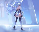  1girl absurdres android ass bangs bare_shoulders blue_hair breasts cyborg full_body highres kos-mos large_breasts long_hair looking_at_viewer looking_back negresco red_eyes solo thighhighs xenosaga 