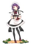  1girl apron bag bangs black_legwear black_skirt blush closed_mouth collared_shirt commentary_request eyebrows_visible_through_hair full_body head_tilt highres looking_at_viewer maid maid_headdress original pantyhose puffy_short_sleeves puffy_sleeves purple_hair red_eyes red_footwear shirt shoes short_sleeves shoulder_bag simple_background skirt smile solo standing standing_on_one_leg suzuki_moeko waist_apron white_apron white_background white_shirt wrist_cuffs 