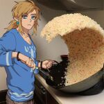  1boy angssi blonde_hair blue_eyes blue_shirt collarbone cooking earrings jewelry link looking_at_viewer male_focus photo_background pointy_ears rice_wave shirt solo the_legend_of_zelda the_legend_of_zelda:_breath_of_the_wild tied_hair wok 