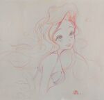  1girl 2021 ariel_(disney) blue_eyes disney english_commentary floating_hair forehead highres leaning_forward long_hair mini_wings parted_lips red_hair shell shell_bikini smile solo the_little_mermaid traditional_media white_background xiaociiao 