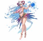  1girl ahoge anklet armlet barefoot bikini breasts commentary_request eyebrows_visible_through_hair fire_emblem fire_emblem_heroes flower flower_necklace freyja_(fire_emblem) goat_horns gradient_hair hair_between_eyes hair_flower hair_ornament horns huge_breasts jewelry korean_commentary light_blue_hair long_hair magic multicolored_hair navel necklace official_alternate_costume official_art outstretched_arms pelvic_curtain red_eyes showgirl_skirt sideboob simple_background solo string_bikini swimsuit tiptoes water_drop white_background white_hair yoshiku_(oden-usagi) 