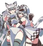  2girls animal_ears arknights armband black_gloves black_legwear black_shirt black_shorts blush cliffheart_(arknights) cowboy_shot dress fang fur-trimmed_gloves fur_trim gloves grey_eyes grey_hair grey_legwear highres holding_hands jacket jewelry leopard_ears leopard_girl leopard_tail long_hair looking_at_viewer multiple_girls necklace no_panties open_mouth pelvic_curtain pramanix_(arknights) shirt short_hair shorts siblings simple_background single_thighhigh sisters skin_fang sleeveless sleeveless_jacket tail thighhighs tiara vegetable_osamuta white_background white_dress white_headwear white_jacket 