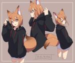  1girl :o animal_ears black_hoodie brown_hair cowboy_shot cropped_legs fox_ears fox_girl fox_tail from_behind from_side hair_between_eyes hair_ornament hairclip hand_up highres hood hood_down hood_pull hoodie looking_at_viewer looking_back minowa_sukyaru multiple_views original red_eyes short_hair_with_long_locks shorts smile tail white_shorts 