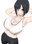  1girl :d absurdres arms_up bangs bare_arms black_hair black_pants blunt_bangs breasts cleavage collarbone commentary_request eyebrows_visible_through_hair grey_eyes highres huge_breasts jabara_tornado looking_at_viewer navel open_mouth original pants short_hair sidelocks simple_background smile solo sports_bra standing toned white_background white_sports_bra yoga_pants 
