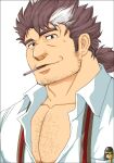  1boy bara beard brown_hair character_request chest_hair cigarette face facial_hair highres large_pectorals male_cleavage male_focus mature_male multicolored_hair muscular muscular_male partially_unbuttoned pectorals portrait shirt short_hair sideburns smile smoking solo streaked_hair stubble tied_hair tokyo_houkago_summoners upper_body white_hair white_shirt yon_yon_(shikawafu) 
