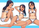  1girl ass back barefoot bikini bikini_day black_hair blush bow bow_bikini breasts brown_eyes cameltoe commentary fang hair_ornament hairclip halterneck highres ijiranaide_nagatoro-san kawakami_rokkaku long_hair looking_at_viewer lying multicolored multicolored_clothes multicolored_swimsuit multiple_views nagatoro_hayase navel one-piece_tan one_eye_closed open_mouth skin_fang small_breasts smile spread_legs swimsuit tan tanline white_bikini 