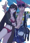  1boy 1girl :d bag bangs bikini black_hair black_shirt breasts cleavage collarbone commentary_request cowboy_shot crossed_arms danganronpa_(series) danganronpa_s:_ultimate_summer_camp danganronpa_v3:_killing_harmony dari_v3 eyewear_on_head facial_hair floral_print frown goatee hair_ornament hair_scrunchie hair_up hairclip harukawa_maki highres male_swimwear medium_breasts momota_kaito one_eye_closed open_clothes open_mouth open_shirt print_shirt purple_hair red_bikini red_scrunchie scrunchie shirt shoulder_bag smile space_print spiked_hair starry_sky_print sunglasses swimsuit twintails upper_teeth v white_shirt 