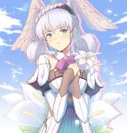  1girl blue_eyes cat_with_a_brush dress flower head_wings headband highres melia_antiqua short_dress short_hair silver_hair sky solo xenoblade_chronicles xenoblade_chronicles:_future_connected xenoblade_chronicles_(series) 