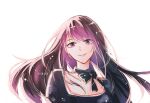  1girl artist_name black_neckwear highres long_hair looking_at_viewer medea_solon purple_eyes purple_hair smile solo upper_body xionsca your_throne 