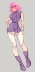  1girl alternate_costume bare_shoulders blue_eyes blush boots contrapposto embarrassed gloves grey_background gundam haman_karn hand_on_hip narrow_waist otenki93 pantyhose pink_hair purple_footwear sleeveless solo sweatdrop tunic white_gloves white_legwear zeta_gundam zz_gundam 