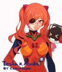  1girl absurdres bangs bubble_blowing cosplay drone eyepatch frederica_nikola_tesla glasses hair_between_eyes hair_ornament highres honkai_(series) honkai_impact_3rd lieserl_albert_einstein looking_at_viewer neon_genesis_evangelion red_eyes red_hair simple_background souryuu_asuka_langley souryuu_asuka_langley_(cosplay) tutou_jiang twintails white_background 