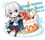  :d bangs birthday_cake black_footwear black_jacket blue_eyes boots cake character_name copyright_request dated doily eyebrows_visible_through_hair food fork hair_between_eyes happy_birthday holding holding_fork jacket long_sleeves looking_at_viewer magatama magatama_necklace nekozuki_yuki open_clothes open_jacket open_mouth pants puffy_long_sleeves puffy_pants puffy_sleeves purple_pants shirt shoe_soles silver_hair simple_background sleeves_past_wrists smile snowflakes white_background white_shirt 