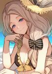  1girl bare_shoulders bikini blue_nails blush bow bracelet breasts cleavage fire_emblem fire_emblem:_three_houses hair_bow hair_over_shoulder hat head_tilt highres jewelry large_breasts long_hair looking_at_viewer low_tied_hair mercedes_von_martritz nakabayashi_zun purple_eyes smile straw_hat sun_hat sweat swimsuit 