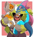  ;d alternate_color arm_up blush border bright_pupils carrying cinderace furry gen_8_pokemon highres hyaku_(g-kawayusu) inteleon one_eye_closed open_mouth outline outside_border pokemon pokemon_(creature) rillaboom shiny_pokemon smile sweat symbol_commentary teeth tongue white_border white_pupils yellow_eyes |d 