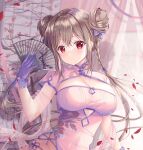  1girl bangs blush braid breasts china_dress chinese_clothes closed_mouth crossed_bangs cutout_above_navel double_bun dress fan folding_fan gloves hagoromo hair_between_eyes high_collar highres holding holding_fan large_breasts light_brown_hair long_hair looking_at_viewer original purple_dress purple_gloves red_eyes shawl side_cutout smile solo sousouman twin_braids twintails upper_body 