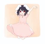  1girl animal animal_ears arms_behind_back arms_up bangs black_hair blush border bunny bunny_ears bunny_tail carrot_necklace closed_mouth dress eyebrows_visible_through_hair eyes_visible_through_hair hair_between_eyes hands_up highres inaba_tewi jumping looking_to_the_side open_mouth orange_background pink_dress pink_sleeves puffy_short_sleeves puffy_sleeves red_eyes short_hair short_sleeves simple_background smile solo tail touhou umi_(nana_spring) white_border 