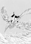  1boy bird fevershark fire greyscale highres hyuuga_neji long_hair monochrome naruto naruto_(series) phoenix pouch riding riding_bird simple_background solo 