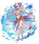  1girl bangs bare_arms bare_shoulders bikini blue_hair breasts cleavage fire_emblem fire_emblem_heroes flower freyja_(fire_emblem) full_body hair_ornament highres horns jewelry large_breasts long_hair looking_away magic multicolored_hair navel official_art open_mouth pelvic_curtain petals red_eyes shiny shiny_skin silver_hair smile solo stomach swimsuit transparent_background water water_drop yoshiku_(oden-usagi) 