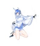  1girl bangs black_gloves blue_eyes blue_hair breasts cape capelet closed_mouth dress fire_emblem fire_emblem_heroes full_body fur_trim gloves gradient gradient_hair hair_ornament high_heels highres ice kneeling looking_away multicolored_hair nifl_(fire_emblem) official_art pale_skin shiny shiny_hair shiny_skin short_dress short_hair solo sparkle transparent_background white_cape white_hair yasuda_suzuhito 