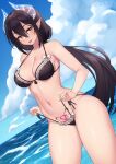  1girl :p bangs bikini black_hair blue_sky breasts cloud collarbone commentary commission cowboy_shot day dutch_angle frilled_bikini frills hair_between_eyes heart heart_tattoo highres horizon horns iwbitu-sa large_breasts light_smile long_hair low_ponytail navel ocean original outdoors pointy_ears ponytail pubic_tattoo short_hair sky swimsuit tattoo thighs tongue tongue_out twitter_username very_long_hair yellow_eyes 