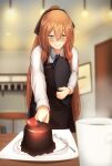  1girl absurdres apron blush bow coffee_mug commentary_request cup dessert diagonal_stripes eyebrows_visible_through_hair food fork girls&#039;_frontline green_eyes guchagucha hair_between_eyes hair_bow heart highres horie_yui looking_at_viewer mug necktie orange_hair partial_commentary smile solo springfield_(girls&#039;_frontline) steam striped tray yellow_background 