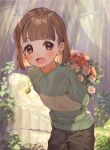  1other :d androgynous arms_behind_back artist_name bangs blunt_bangs bob_cut bouquet brown_eyes brown_hair chara_(undertale) cowboy_shot eyebrows_visible_through_hair flower heart_pendant holding holding_bouquet leaning_forward open_mouth plant shirakino short_hair smile solo sunlight sweater undertale 