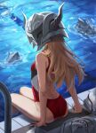  1girl armor ass blonde_hair breasts commentary_request competition_swimsuit fate/apocrypha fate_(series) from_behind helmet highres long_hair looking_at_viewer looking_back mordred_(fate) mordred_(fate)_(all) one-piece_swimsuit pool poolside red_swimsuit revision sitting small_breasts solo swimsuit tonee water 