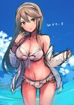  1girl artist_name bikini black_hair blue_sky breasts brown_eyes cleavage cloud commentary_request cowboy_shot day hair_ornament hairband hairclip haruna_(kancolle) jacket kantai_collection large_breasts leaning_forward long_hair looking_at_viewer open_clothes open_jacket outdoors sky soaking_feet solo swimsuit water white_bikini white_hairband white_jacket wss_(nicoseiga19993411) 