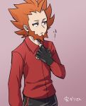  1boy beard black_gloves blue_eyes chacha_(ss_5087) collared_shirt commentary_request facial_hair fingerless_gloves gloves hand_up long_sleeves lysandre_(pokemon) male_focus orange_hair pants parted_lips pokemon pokemon_(game) pokemon_xy red_shirt shirt shirt_tug solo spiked_hair team_flare translation_request 