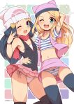  2girls ;o absurdres aqua_nails ass_visible_through_thighs beanie blonde_hair blue_eyes blue_hair blue_legwear crop_top dawn_(pokemon) digimon green_eyes hat highres long_hair looking_at_viewer lowleg lowleg_panties miniskirt multiple_girls nail_polish one_eye_closed orimoto_izumi panties pink_headwear pink_panties pink_skirt pink_vest pokemon pokemon_(game) pokemon_dppt shirt side-tie_panties skirt sleeveless smile striped striped_panties striped_shirt thighhighs underwear vest virus-g white_headwear 