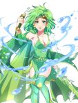  1girl :p breasts detached_sleeves earrings final_fantasy final_fantasy_iv green_eyes green_hair hair_ornament highres jewelry long_hair looking_at_viewer older rydia sa_kichi smile solo thighhighs tongue tongue_out weapon white_background 