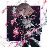  1boy black_gloves brown_hair closed_mouth gloves gradient gradient_border gradient_eyes highres holding holding_weapon lio_fotia male_focus multicolored multicolored_eyes pink_eyes promare purple_eyes shaded_face sky solo star_(sky) starry_sky studded tkm_(1322323425) weapon 
