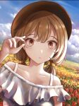  1girl beret blouse blue_sky brown_eyes brown_hair cloud cloudy_sky collarbone day dutch_angle eyelashes field flower flower_field hand_up hat highres jushoro looking_at_viewer low_twintails original outdoors parted_lips sky solo spaghetti_strap tulip twintails upper_body wide-eyed 