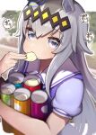  1girl ahoge animal_ears blue_eyes chips commentary eating eyebrows eyes_visible_through_hair food grey_hair hairband highres holding holding_food horse_ears horse_girl light_particles long_hair looking_at_viewer multicolored_hair oguri_cap_(umamusume) potato_chips puffy_short_sleeves puffy_sleeves purple_shirt sailor_collar sailor_shirt school_uniform shirt short_sleeves silver_hair solo sound_effects speech_bubble tamukoro tracen_school_uniform two-tone_hair umamusume you&#039;re_doing_it_wrong 