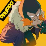  abry_take animal blue_pants cigarette dobu_(odd_taxi) fur_collar fur_jacket furry hand_in_pocket highres holding holding_cigarette jacket jewelry looking_at_viewer odd_taxi open_clothes open_jacket orange_background orange_theme pants purple_jacket 