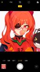  1girl bangs bubble_blowing camera cosplay drone eyepatch frederica_nikola_tesla glasses hair_between_eyes hair_ornament highres honkai_(series) honkai_impact_3rd looking_at_viewer neon_genesis_evangelion phone red_eyes red_hair simple_background souryuu_asuka_langley souryuu_asuka_langley_(cosplay) tutou_jiang twintails viewfinder white_background 