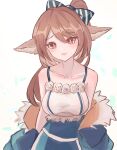  1girl absurdres animal_ears arknights bangs blue_bow blue_jacket bow breasts brown_eyes brown_hair collarbone commentary_request dress eyebrows_visible_through_hair eyelashes fox_ears hair_bow highres jacket looking_at_viewer medium_hair off_shoulder open_clothes open_jacket open_mouth parted_bangs perfumer_(arknights) ponytail shino_duka simple_background sleeveless sleeveless_dress small_breasts smile solo striped striped_bow upper_body white_background white_dress 