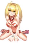  1girl absurdres ahoge anklet bikini blonde_hair bracelet breasts cleavage fate/grand_order fate_(series) green_eyes guchagucha hair_intakes highres jewelry large_breasts looking_at_viewer navel nero_claudius_(fate) nero_claudius_(fate)_(all) nero_claudius_(swimsuit_caster)_(fate) sandals side-tie_bikini smile solo swimsuit twintails v_arms white_background 
