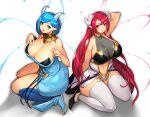  2girls aqua_eyes aqua_hair blush boots breasts cleavage dress gurimjang horns navel necklace original pointed_ears red_eyes red_hair see_through short_hair thighhighs white 