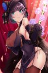  1girl azur_lane black_legwear blue_eyes breasts cheshire_(azur_lane) cheshire_(cait_sith_crooner)_(azur_lane) china_dress chinese_clothes closed_mouth dress elbow_gloves eyebrows_visible_through_hair feet_out_of_frame flower from_below garter_straps gloves hand_on_breast hat highres large_breasts long_hair looking_at_viewer multicolored_hair purple_dress purple_gloves purple_hair smile solo standing thighhighs wee_(weeyy) 