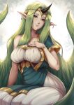  1girl absurdres bracelet breasts circlet dress evomanaphy fingernails fire_emblem fire_emblem_echoes:_shadows_of_valentia green_hair hand_on_own_chest highres horns jewelry large_breasts looking_at_viewer mila_(fire_emblem) pointy_ears sharp_fingernails single_horn smile white_dress wings yellow_eyes 
