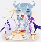  1girl acorn_(lakebiwabiwa) animal_ears animal_on_shoulder black_sclera blue_eyes blue_hair butter colored_sclera cup dragon dragon_ears dragon_wings eating elira_pendora extra_eyes fangs food fruit grey_overalls highres mole nijisanji nijisanji_en off_shoulder one_eye_covered open_mouth pancake pikl_(elira_pendora) sleeves_past_fingers sleeves_past_wrists solo_focus strawberry sweater virtual_youtuber white_eyes white_sweater wings 