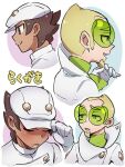  2boys aether_foundation_employee blonde_hair blush bracer brown_hair chacha_(ss_5087) chin_stroking coat commentary_request dark-skinned_male dark_skin faba_(pokemon) facial_hair goatee green-tinted_eyewear green_shirt hat jumpsuit logo male_focus multiple_boys multiple_views parted_lips pokemon pokemon_(game) pokemon_sm shirt short_hair smile sunglasses undershirt white_background white_coat white_headwear white_jumpsuit 