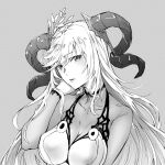  1girl bangs bodystocking breasts cleavage covered_collarbone eyebrows_visible_through_hair fire_emblem fire_emblem_heroes freyja_(fire_emblem) goat_horns hair_ornament horns large_breasts long_hair looking_at_viewer monochrome parted_lips solo swept_bangs t_misaomaru turtleneck upper_body 