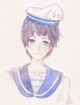  1other ambiguous_gender anchor_print aqua_eyes blush grey_hair hat highres light_smile looking_at_viewer mole mole_under_eye original parted_lips sailor_hat short_hair smile striped striped_clothes texture tkm_(1322323425) traditional_media upper_body 