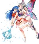 2girls bangs bare_shoulders bikini blue_eyes blue_hair blush bracelet breasts caeda_(fire_emblem) cleavage facial_mark fairy_wings fire_emblem fire_emblem:_mystery_of_the_emblem fire_emblem_heroes forehead_mark full_body gradient gradient_hair grey_hair hair_ornament high_heels highres holding jewelry large_breasts leg_up long_hair medium_breasts multicolored_hair multiple_girls navel official_art one-piece_swimsuit one_eye_closed open_mouth petals plumeria_(fire_emblem) pointy_ears ponytail purple_hair red_eyes ryouma_(galley) sandals shiny shiny_hair shiny_skin sidelocks stomach swimsuit thigh_strap thorns tied_hair toes torn_belt torn_clothes transparent_background wings 