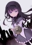  &gt;:( 1girl akemi_homura black_hair black_hairband black_legwear bow bowtie commentary_request dress glaring hairband highres light_frown long_hair long_sleeves looking_at_viewer magical_girl mahou_shoujo_madoka_magica pantyhose purple_bow purple_eyes purple_neckwear shield solo soul_gem v-shaped_eyebrows white_background yutamaro 